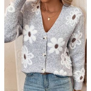 Grey Cardigan Knit Flower Textured Button Front